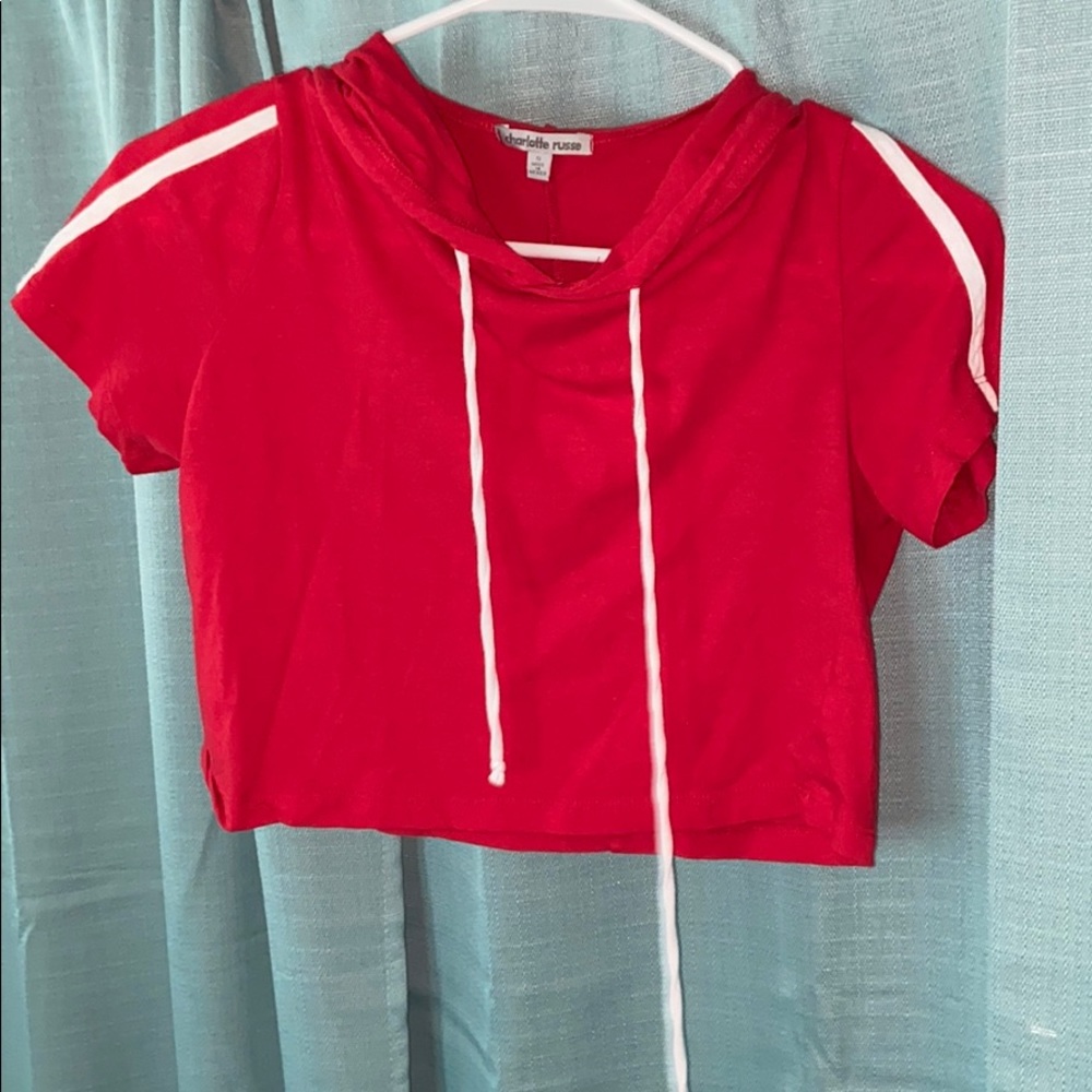 Red short sleeve crop top with hood